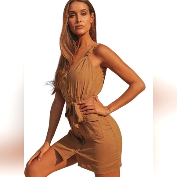 Lulu's Meant For Greatness Cotton Blend Button Front Tan Mini Dress Size XL - Picture 2 of 12